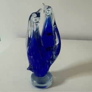 Beautiful Murano Lavorazione Love Birds Penguins Italy Cobalt Blue Art Glass 7”